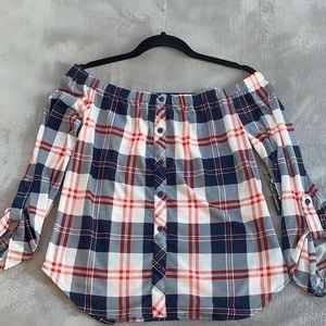 Plaid off the shoulder top